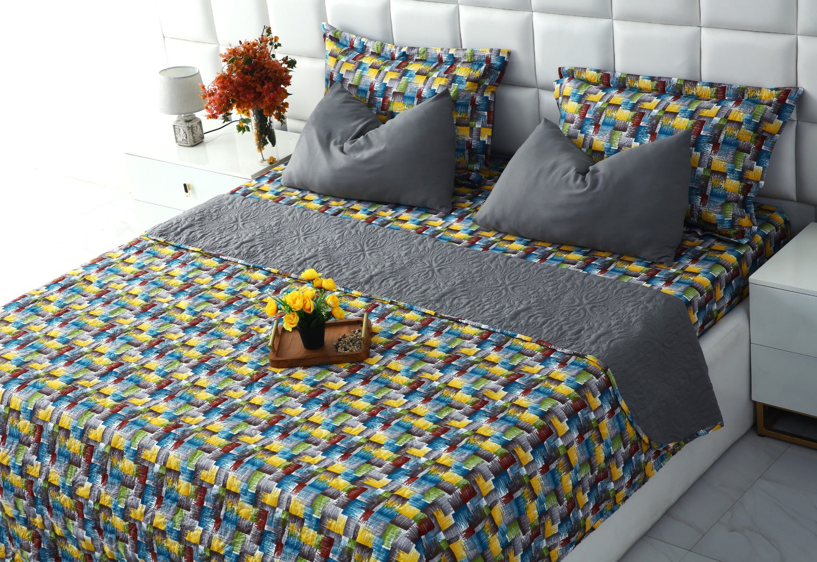 6 PCs Printed Bed Spread Set-Multi Ombre Bed Spread Apricot