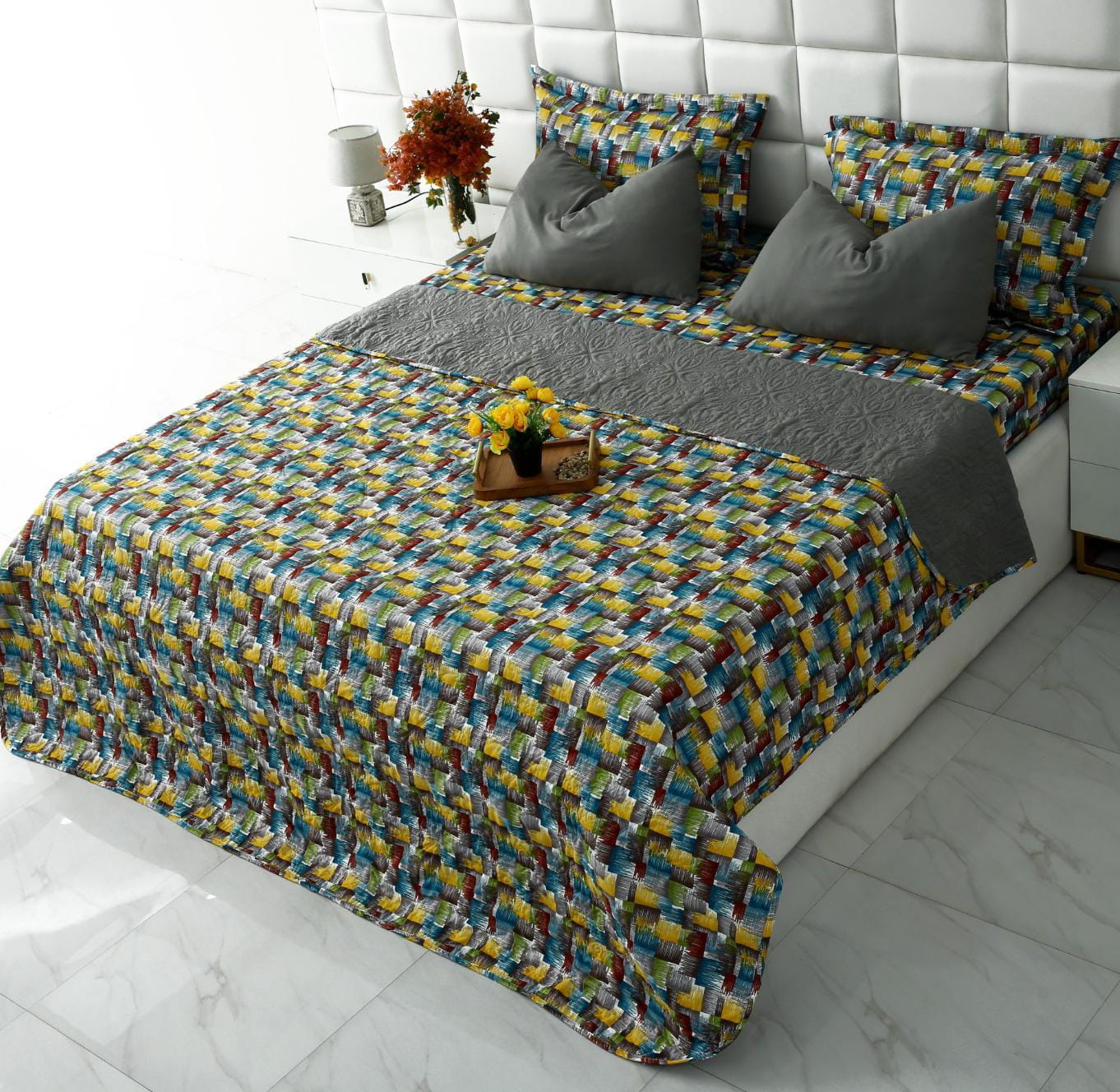 6 PCs Printed Bed Spread Set-Multi Ombre Bed Spread Apricot