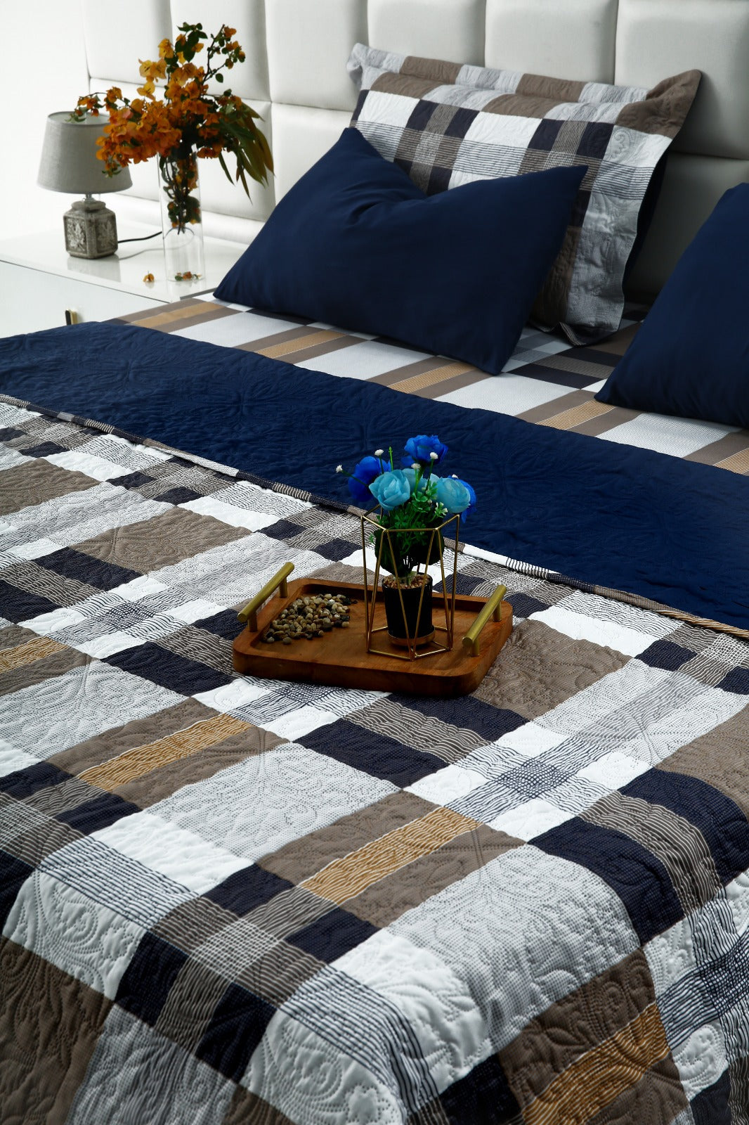 6 PCs Printed Bed Spread Set-Brown Check Bed Spread Apricot