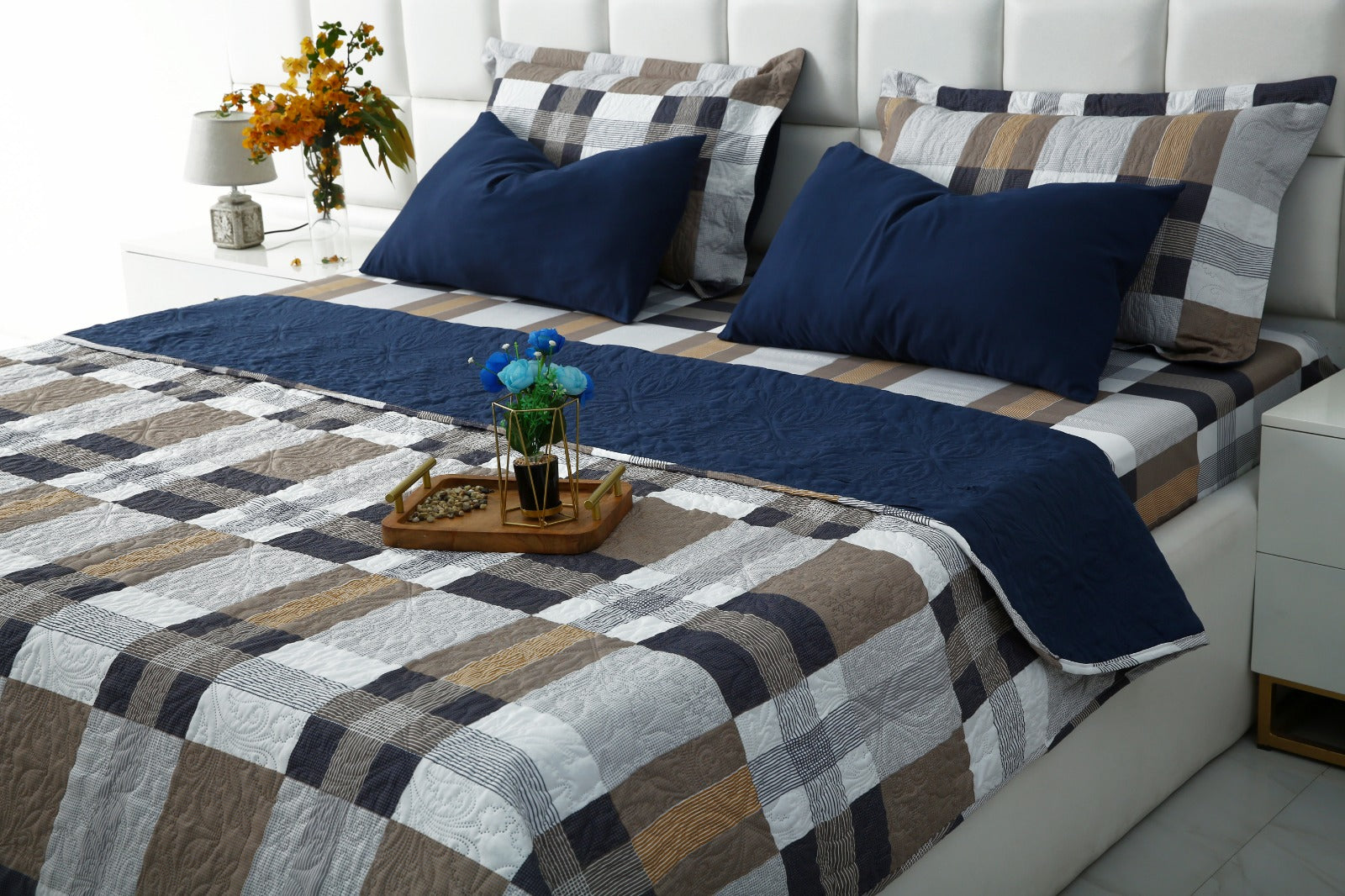 6 PCs Printed Bed Spread Set-Brown Check Bed Spread Apricot