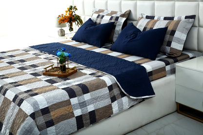 6 PCs Printed Bed Spread Set-Brown Check Bed Spread Apricot