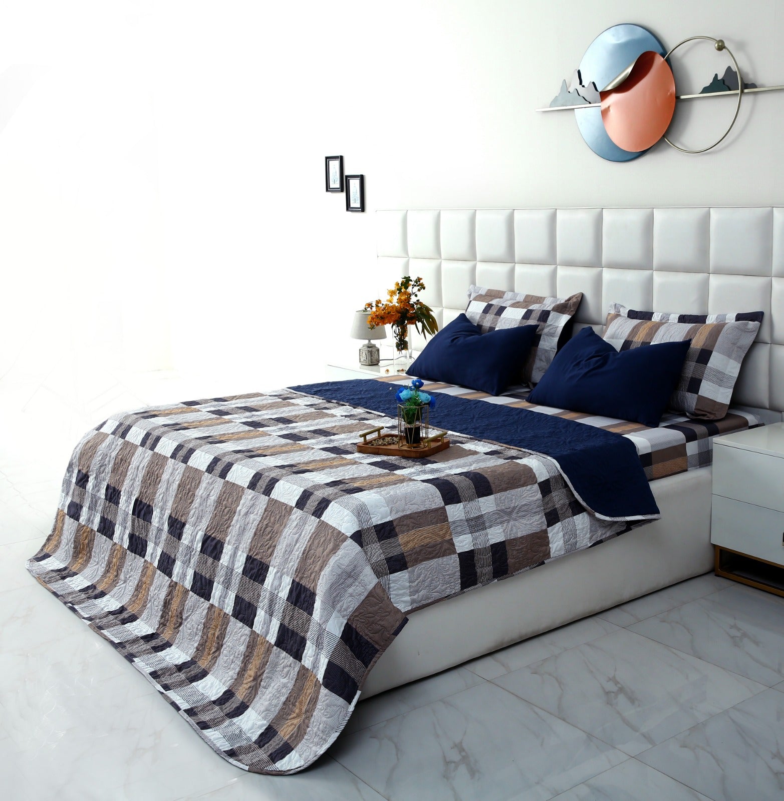6 PCs Printed Bed Spread Set-Brown Check Bed Spread Apricot