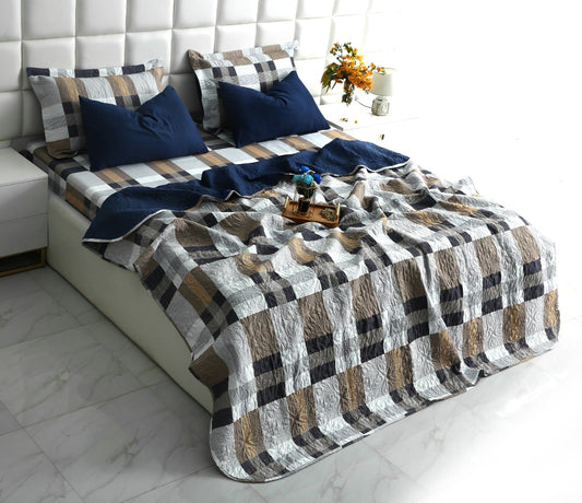 6 PCs Printed Bed Spread Set-Brown Check Bed Spread Apricot