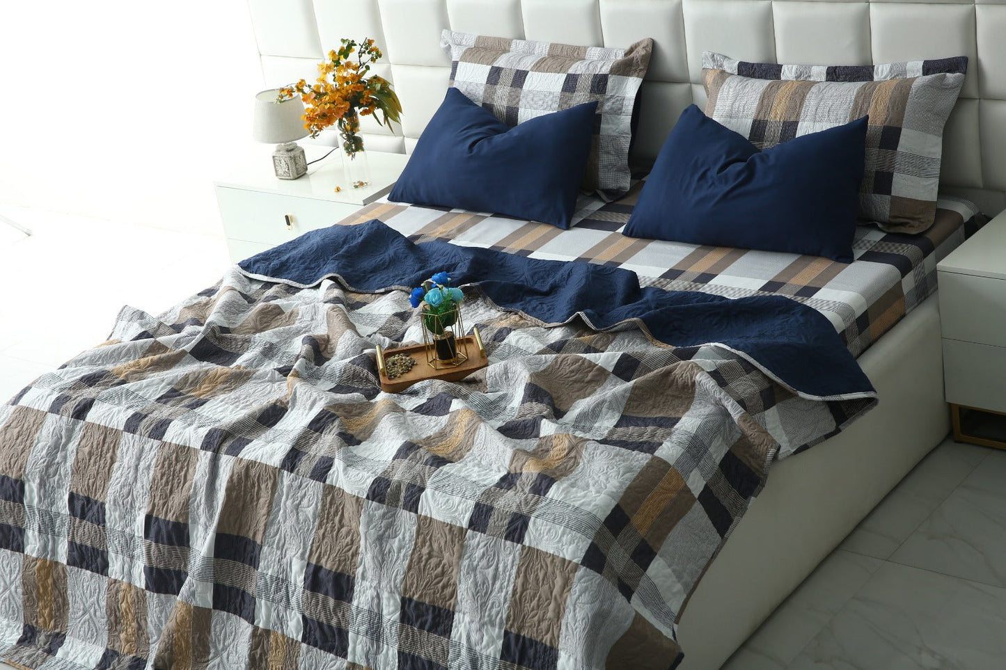 6 PCs Printed Bed Spread Set-Brown Check Bed Spread Apricot
