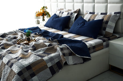 6 PCs Printed Bed Spread Set-Brown Check Bed Spread Apricot