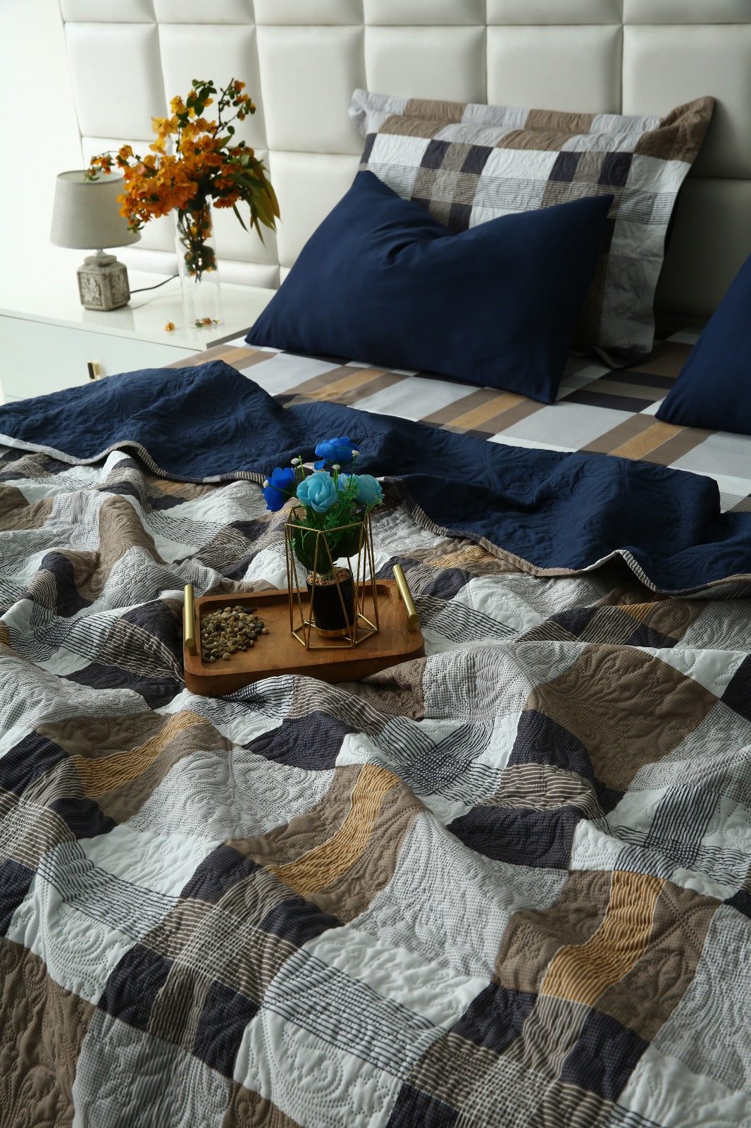 6 PCs Printed Bed Spread Set-Brown Check Bed Spread Apricot