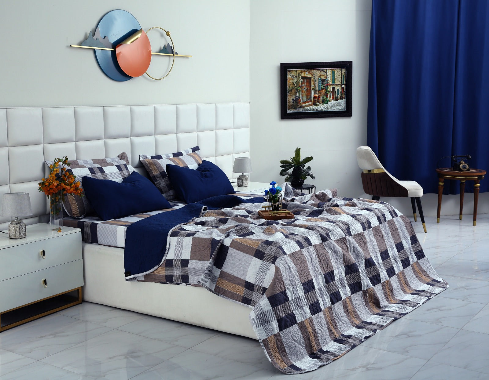 6 PCs Printed Bed Spread Set-Brown Check Bed Spread Apricot