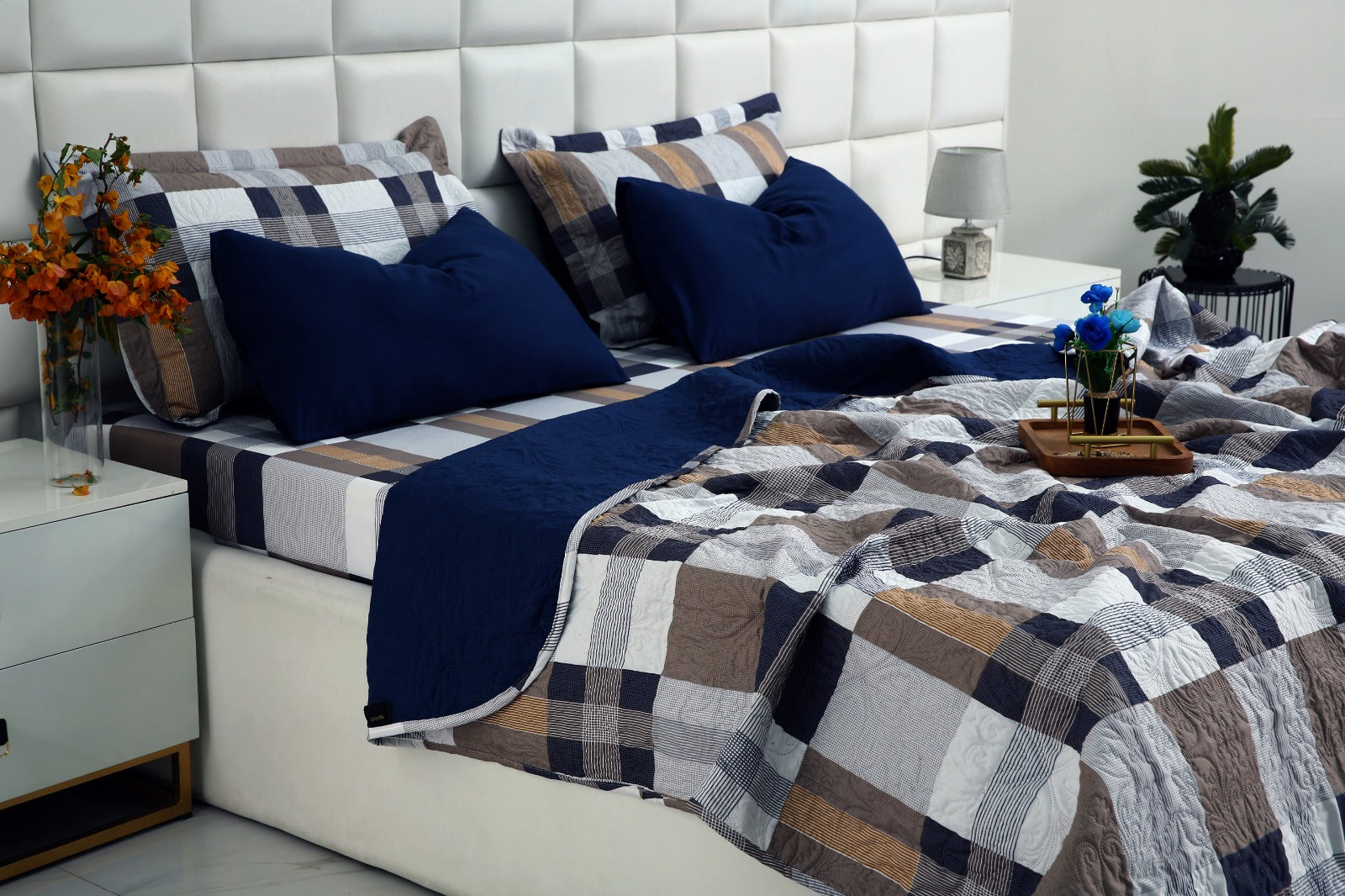 6 PCs Printed Bed Spread Set-Brown Check Bed Spread Apricot