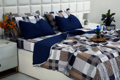 6 PCs Printed Bed Spread Set-Brown Check Bed Spread Apricot