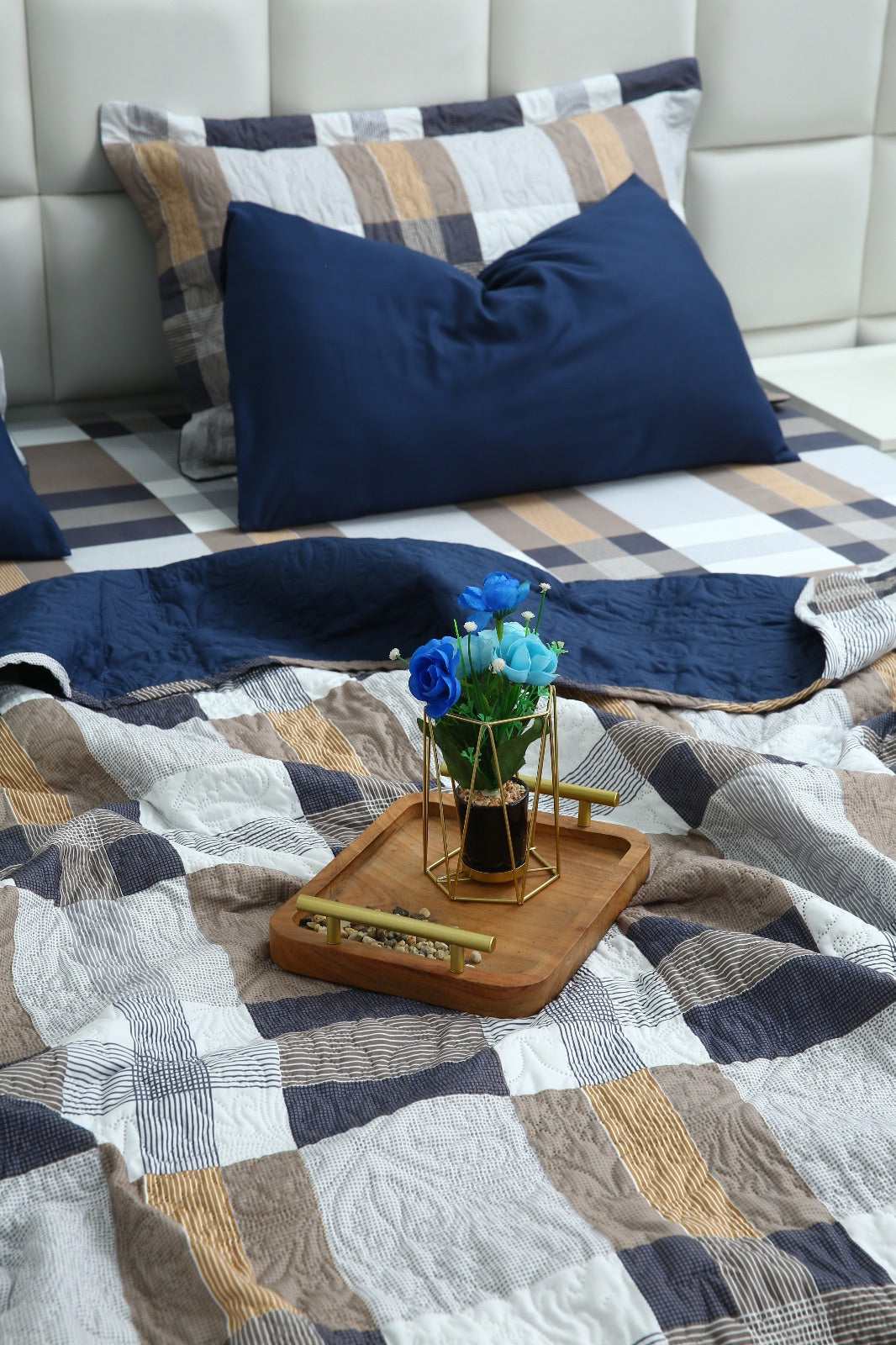 6 PCs Printed Bed Spread Set-Brown Check Bed Spread Apricot