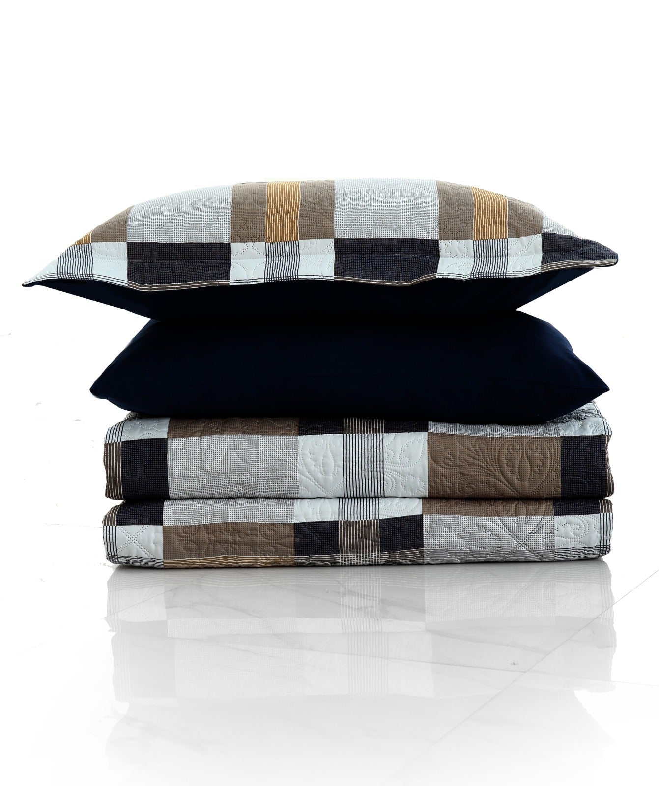 6 PCs Printed Bed Spread Set-Brown Check Bed Spread Apricot