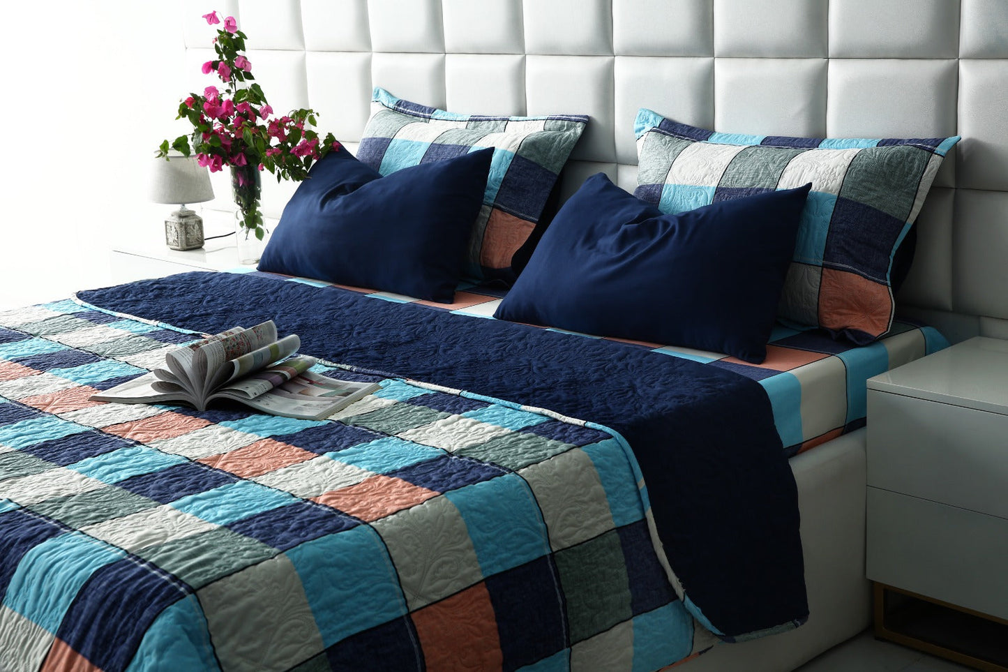 6 PCs Printed Bed Spread Set-Pastel Check Bed Spread Apricot