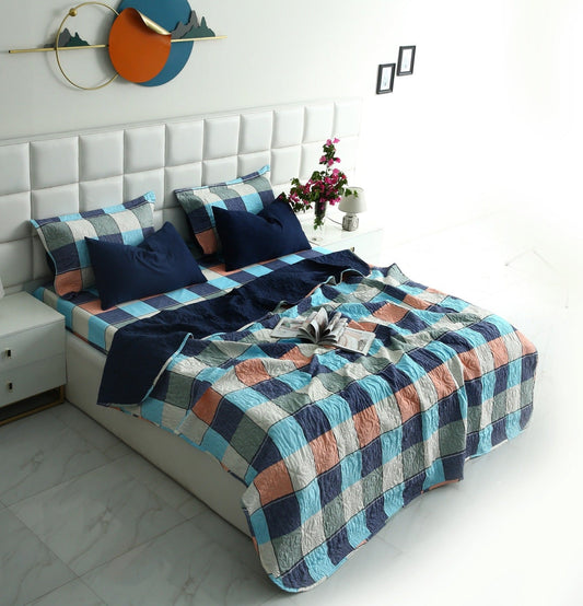 6 PCs Printed Bed Spread Set-Pastel Check Bed Spread Apricot