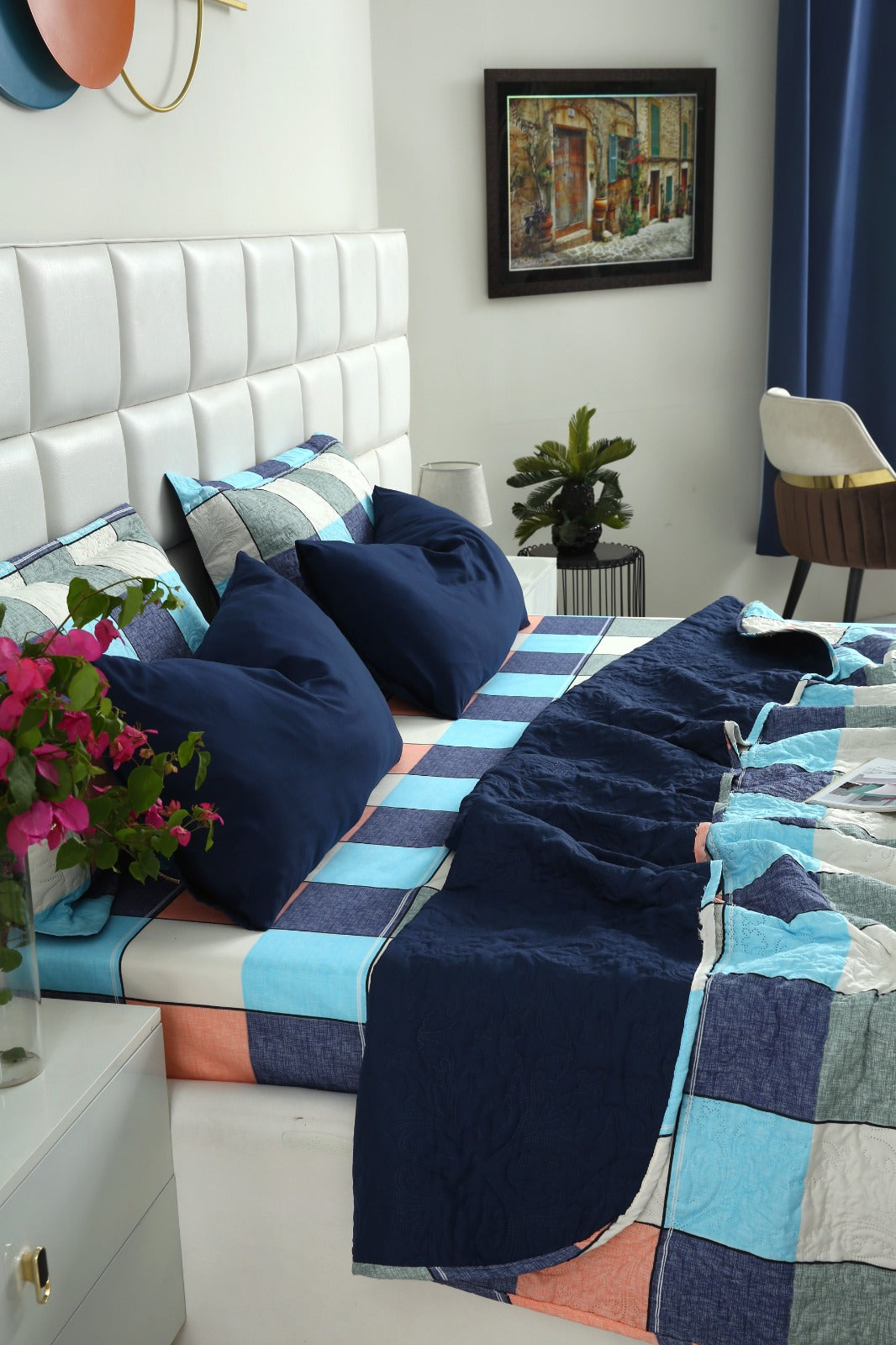 6 PCs Printed Bed Spread Set-Pastel Check Bed Spread Apricot