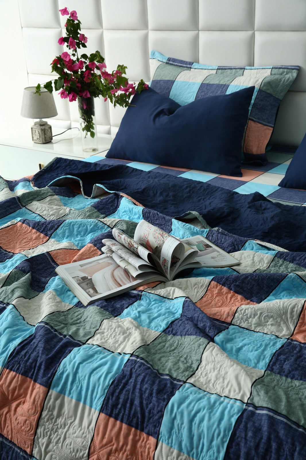 6 PCs Printed Bed Spread Set-Pastel Check Bed Spread Apricot
