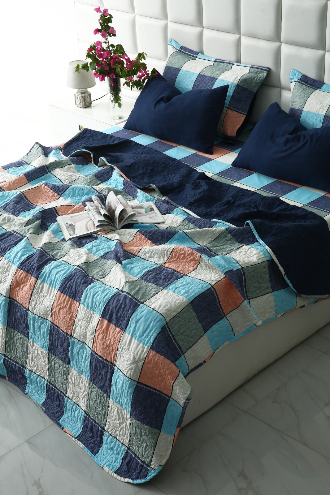 6 PCs Printed Bed Spread Set-Pastel Check Bed Spread Apricot