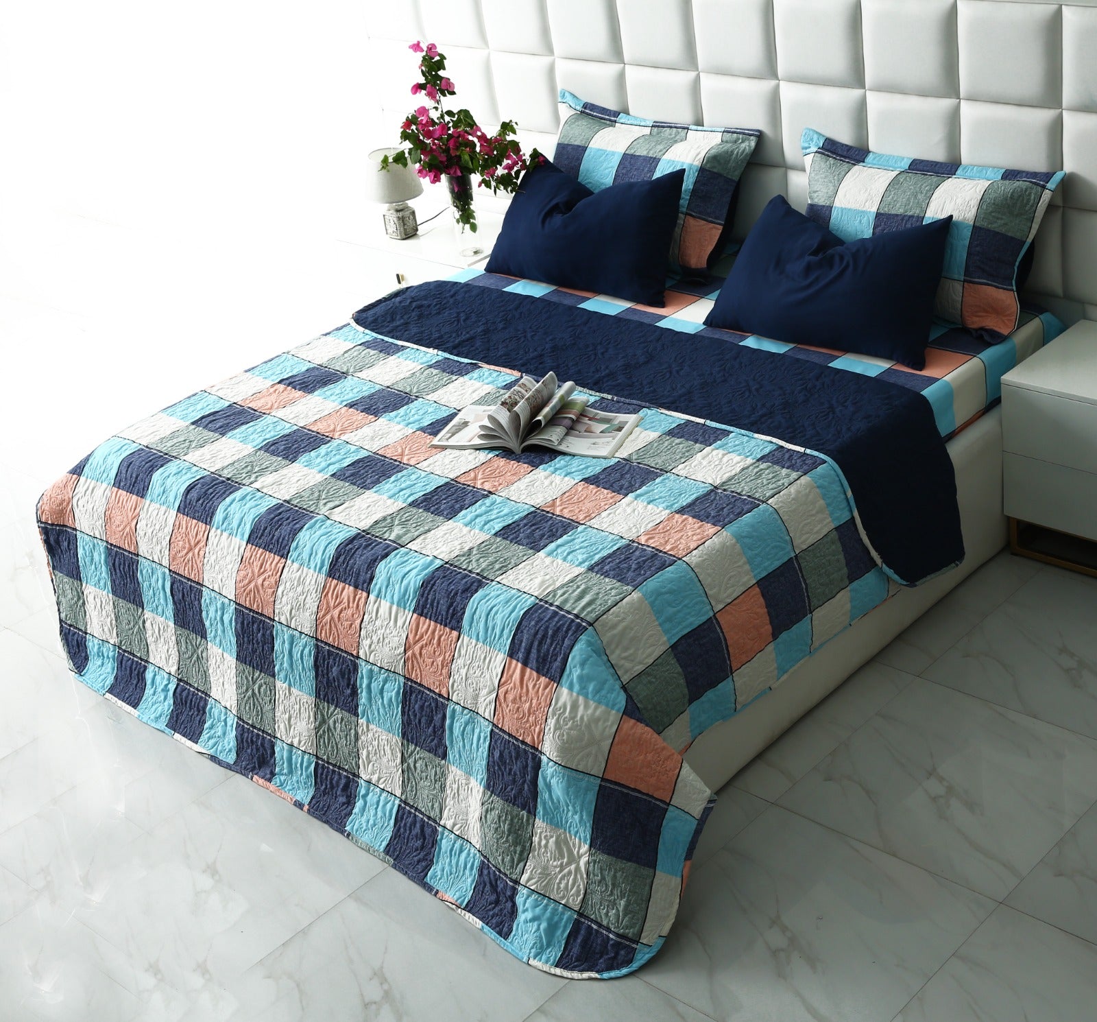 6 PCs Printed Bed Spread Set-Pastel Check Bed Spread Apricot
