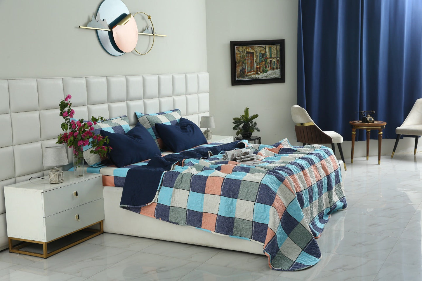 6 PCs Printed Bed Spread Set-Pastel Check Bed Spread Apricot