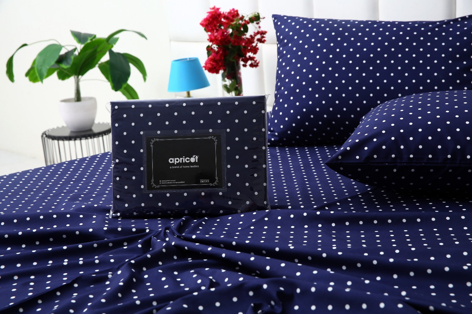 3 PCs Double Bed Sheet- Blue Polka BED SHEET Apricot