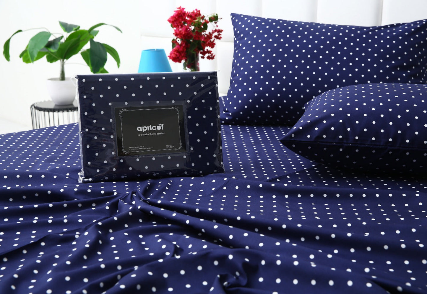 3 PCs Double Bed Sheet- Blue Polka BED SHEET Apricot