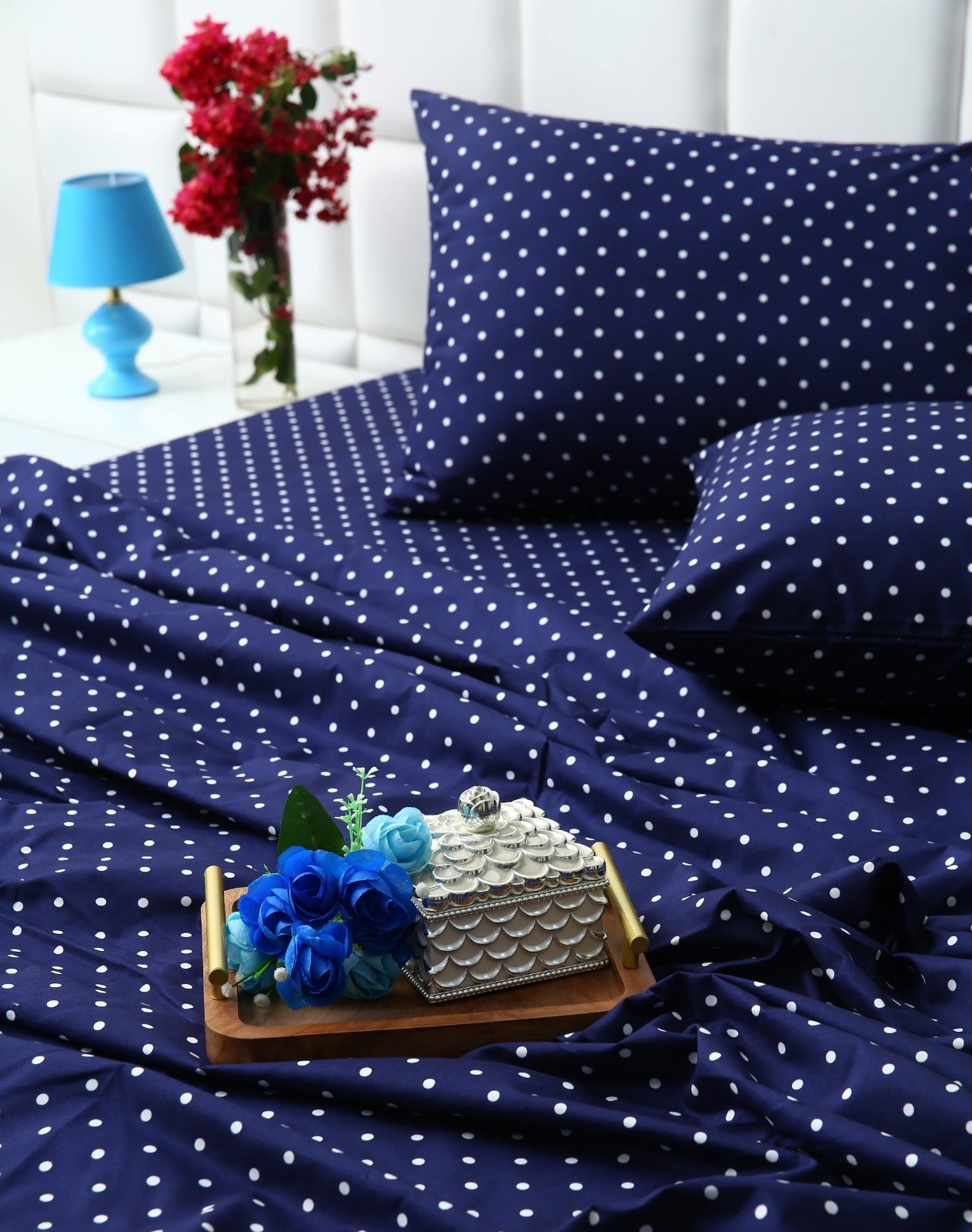 3 PCs Double Bed Sheet- Blue Polka BED SHEET Apricot