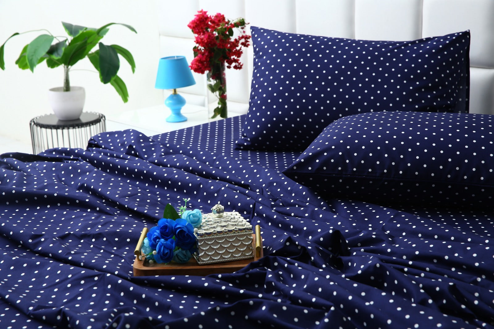 3 PCs Double Bed Sheet- Blue Polka BED SHEET Apricot