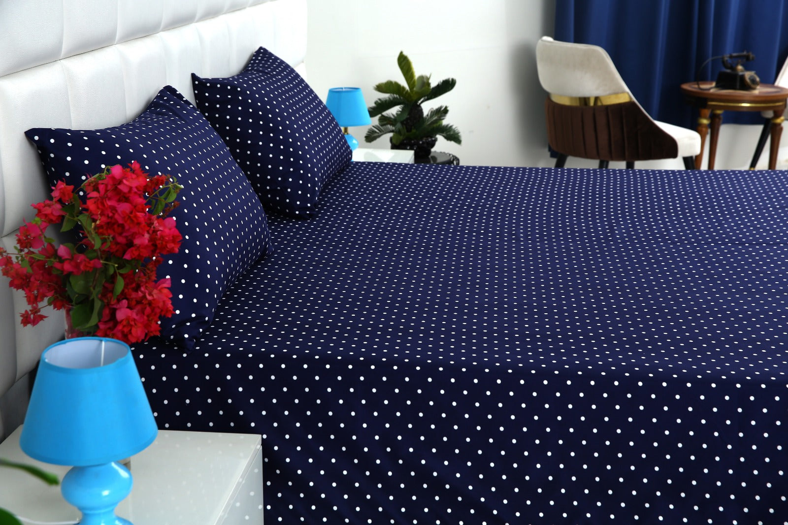 3 PCs Double Bed Sheet- Blue Polka BED SHEET Apricot