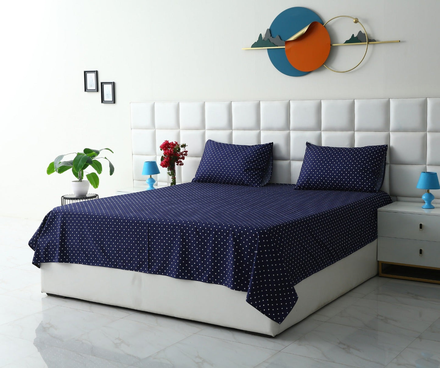 3 PCs Double Bed Sheet- Blue Polka BED SHEET Apricot