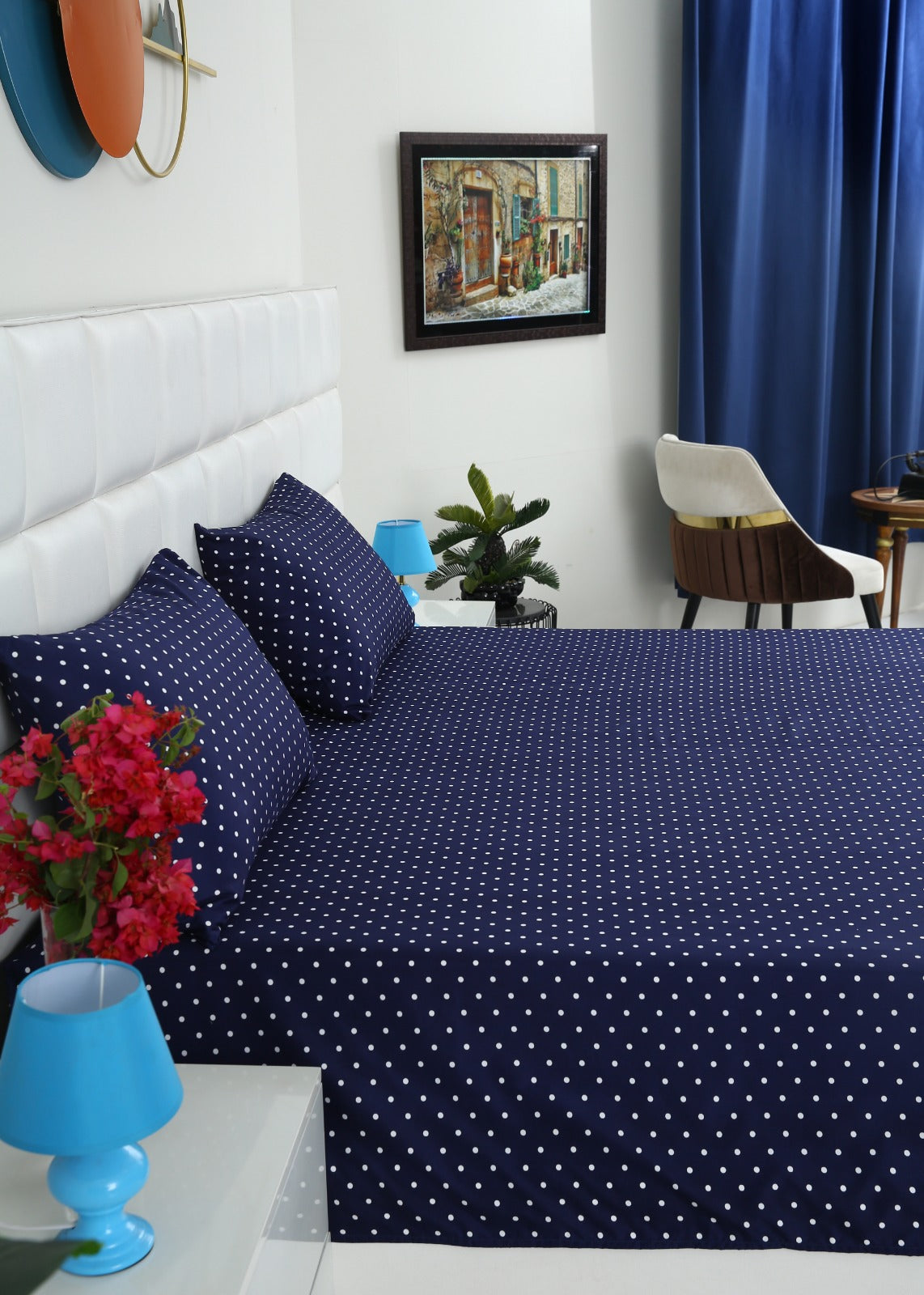 3 PCs Double Bed Sheet- Blue Polka BED SHEET Apricot