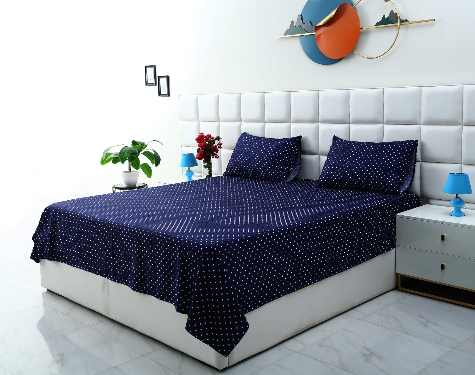 3 PCs Double Bed Sheet- Blue Polka BED SHEET Apricot