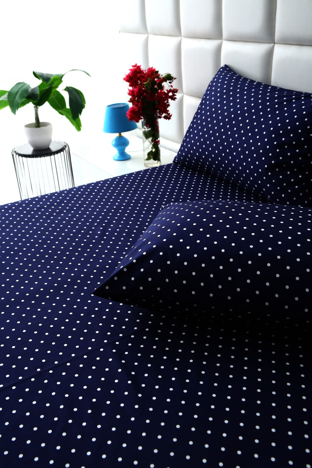 3 PCs Double Bed Sheet- Blue Polka BED SHEET Apricot