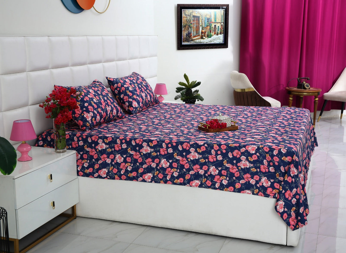 3 PCs Double Bed Sheet-Autumn Bloom Bed Sheets Apricot