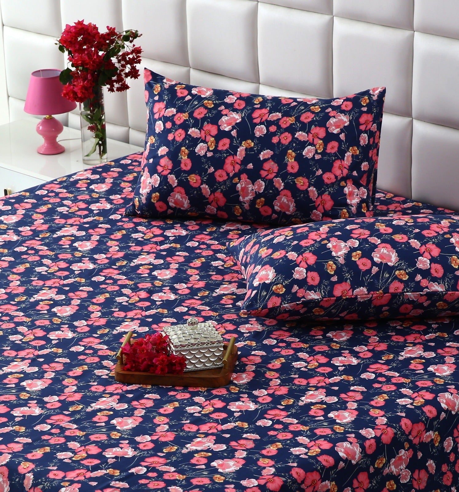 3 PCs Double Bed Sheet-Autumn Bloom Bed Sheets Apricot