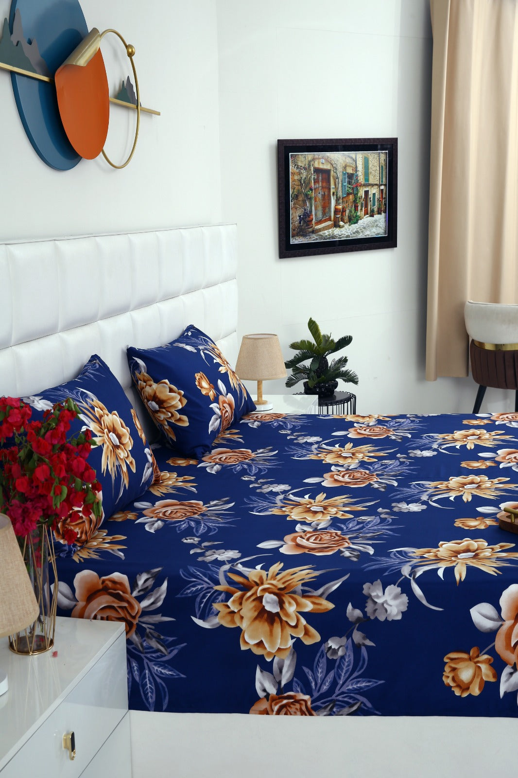 3 PCs Double Bed Sheet-Ethnic Flowers Bed Sheets Apricot