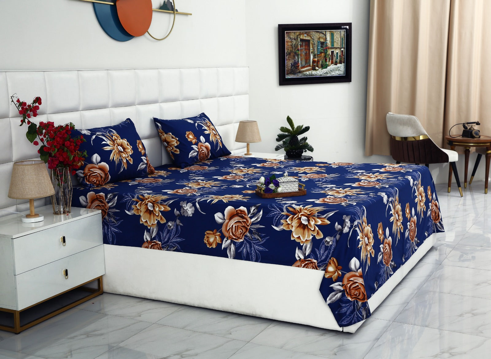 3 PCs Double Bed Sheet-Ethnic Flowers Bed Sheets Apricot