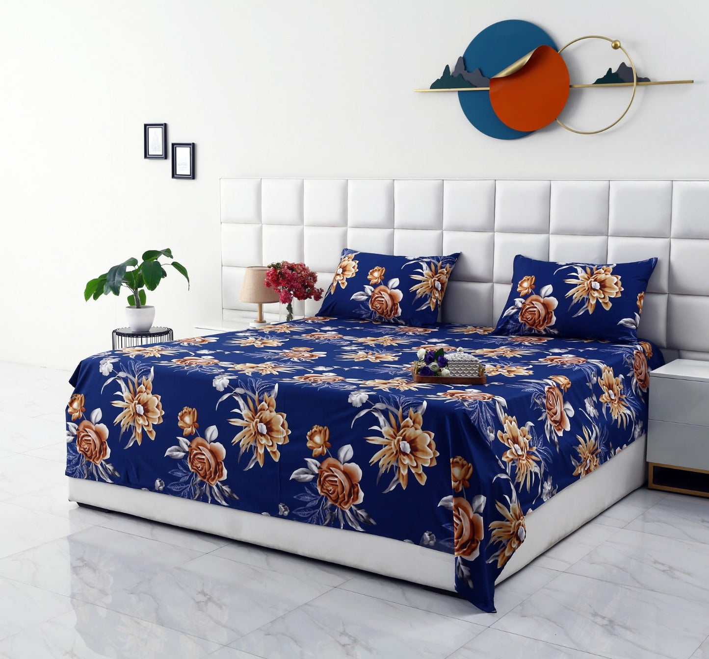 3 PCs Double Bed Sheet-Ethnic Flowers Bed Sheets Apricot