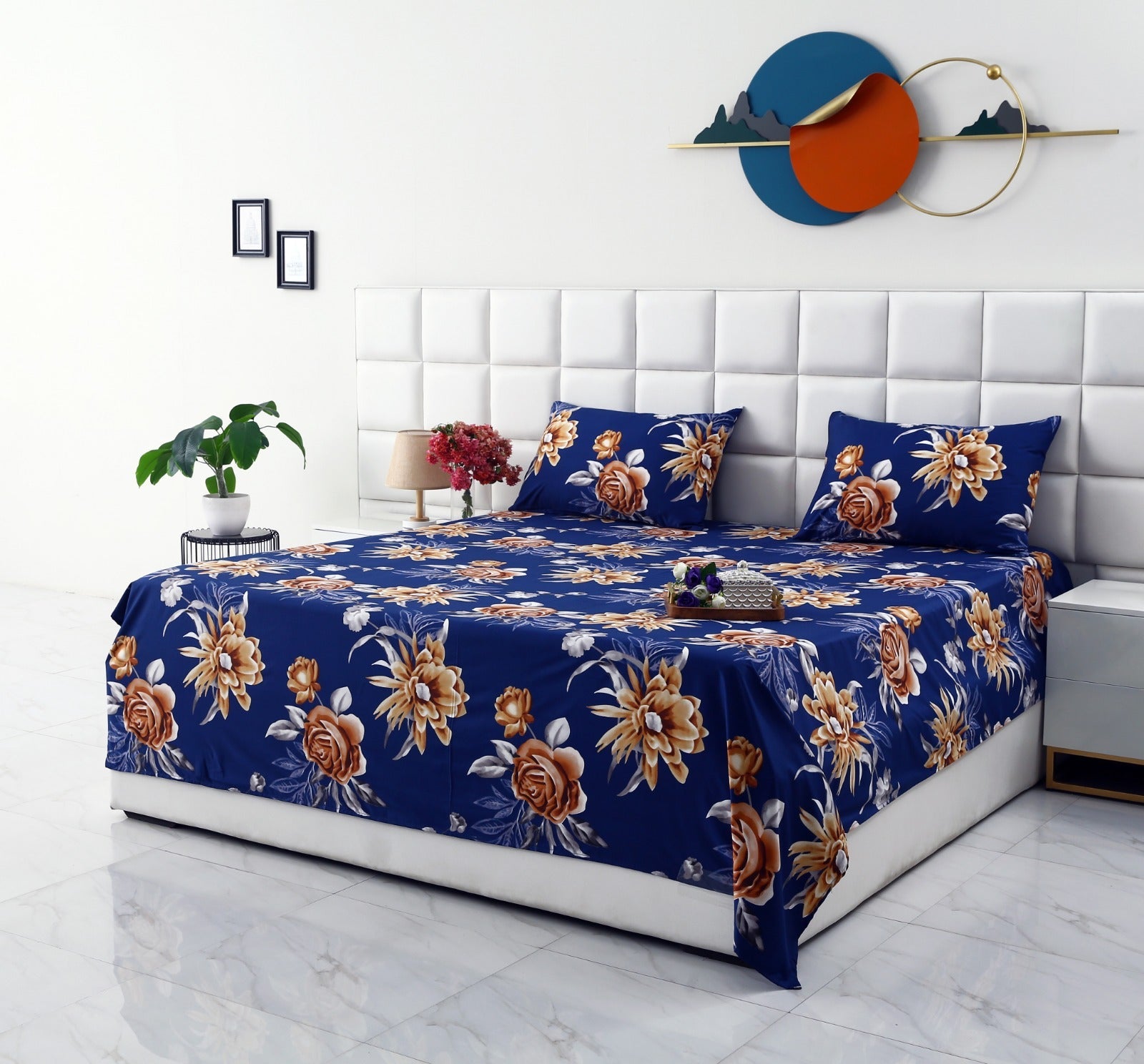 3 PCs Double Bed Sheet-Ethnic Flowers Bed Sheets Apricot