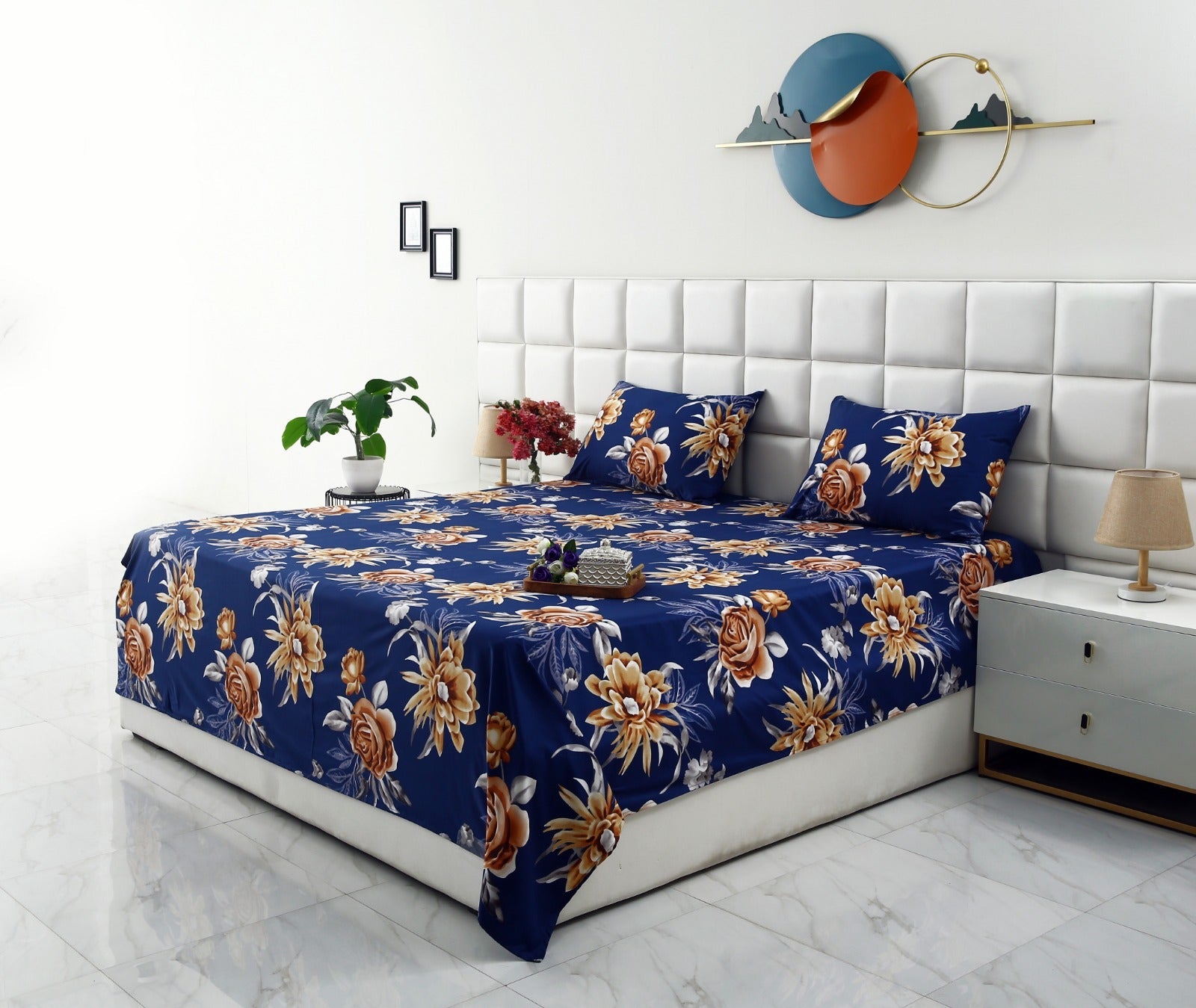 3 PCs Double Bed Sheet-Ethnic Flowers Bed Sheets Apricot
