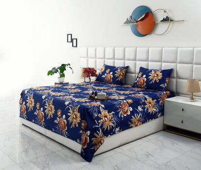 3 PCs Double Bed Sheet-Ethnic Flowers Bed Sheets Apricot
