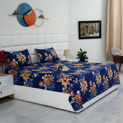 3 PCs Double Bed Sheet-Ethnic Flowers Bed Sheets Apricot