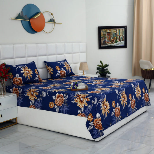 3 PCs Double Bed Sheet-Ethnic Flowers Bed Sheets Apricot