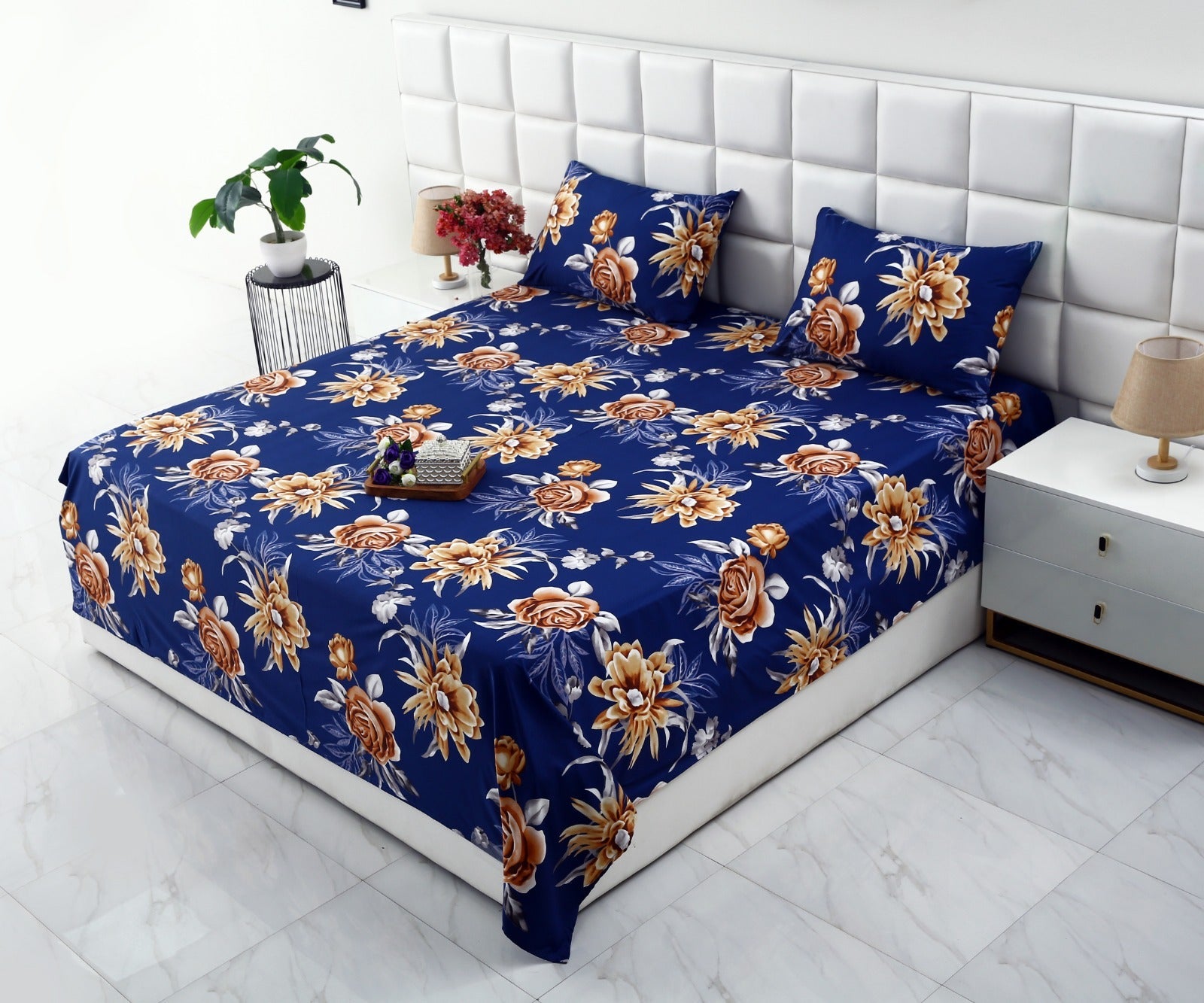 3 PCs Double Bed Sheet-Ethnic Flowers Bed Sheets Apricot
