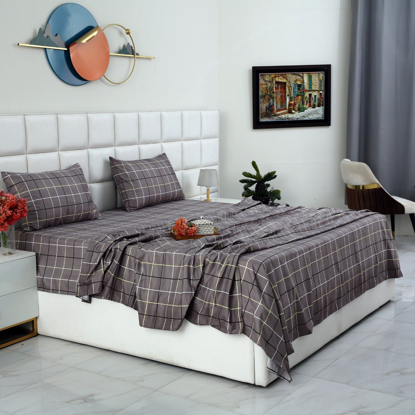 3 PCs Double Bed Sheet-Multi Check Bed Sheets Apricot