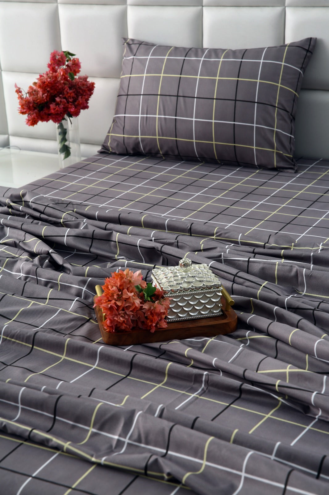 3 PCs Double Bed Sheet-Multi Check Bed Sheets Apricot