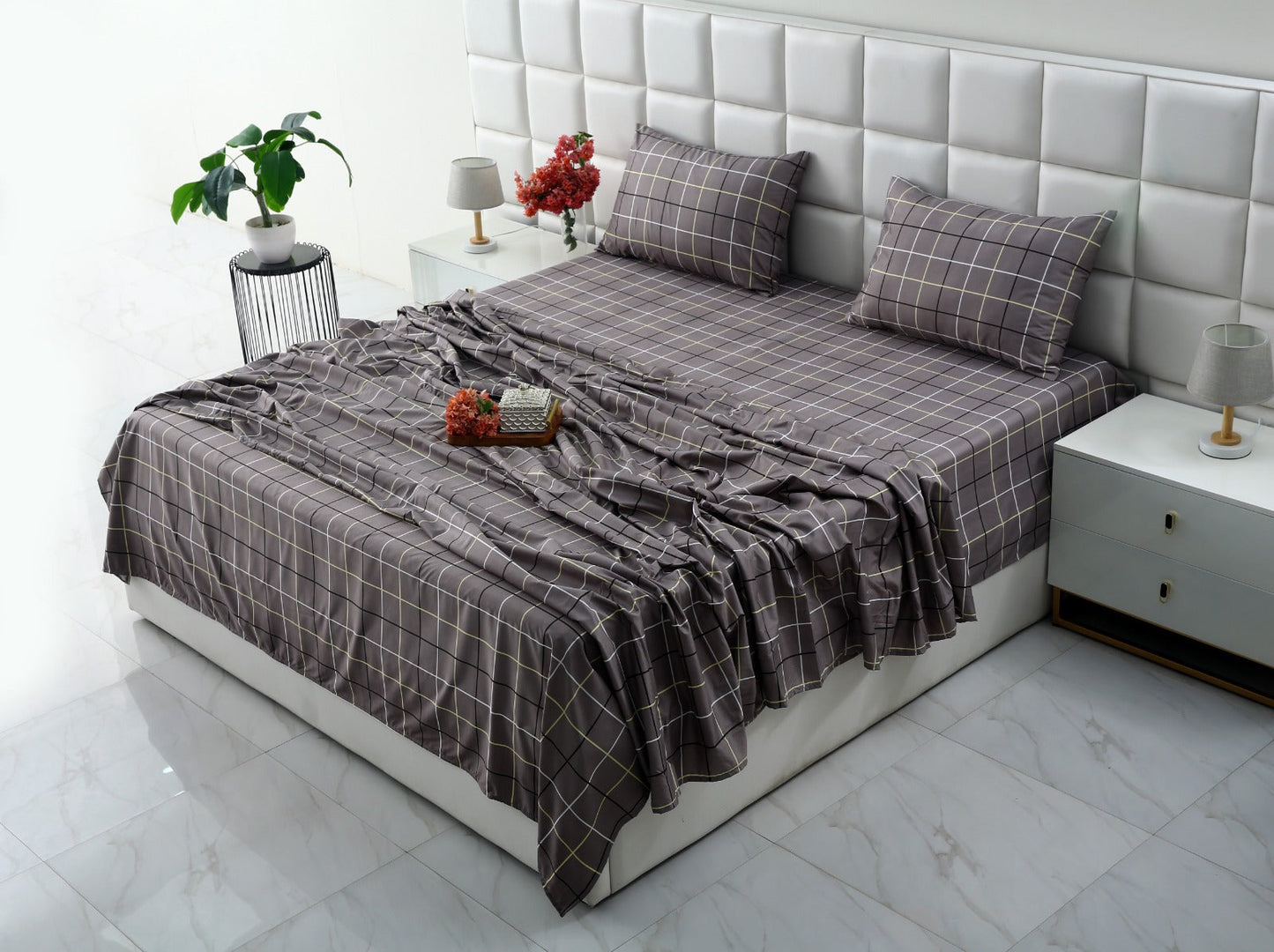 3 PCs Double Bed Sheet-Multi Check Bed Sheets Apricot