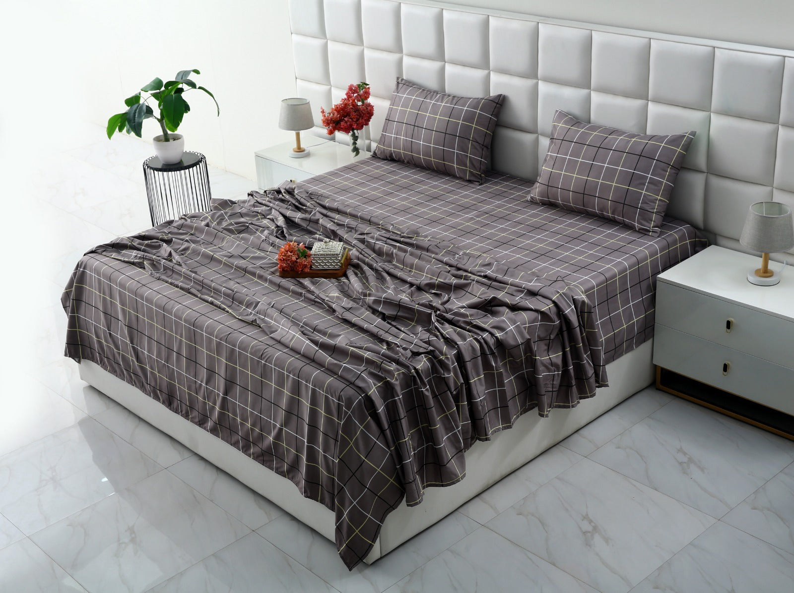 3 PCs Double Bed Sheet-Multi Check Bed Sheets Apricot
