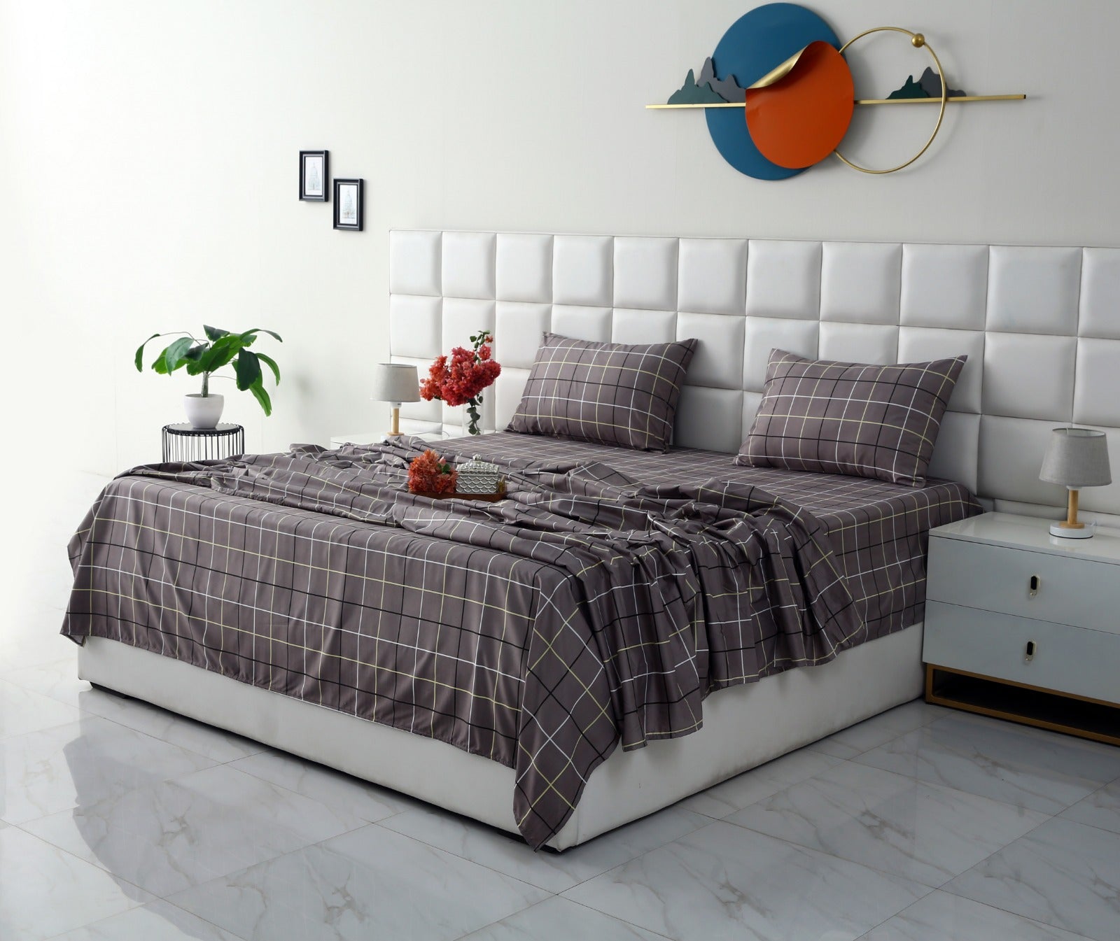 3 PCs Double Bed Sheet-Multi Check Bed Sheets Apricot