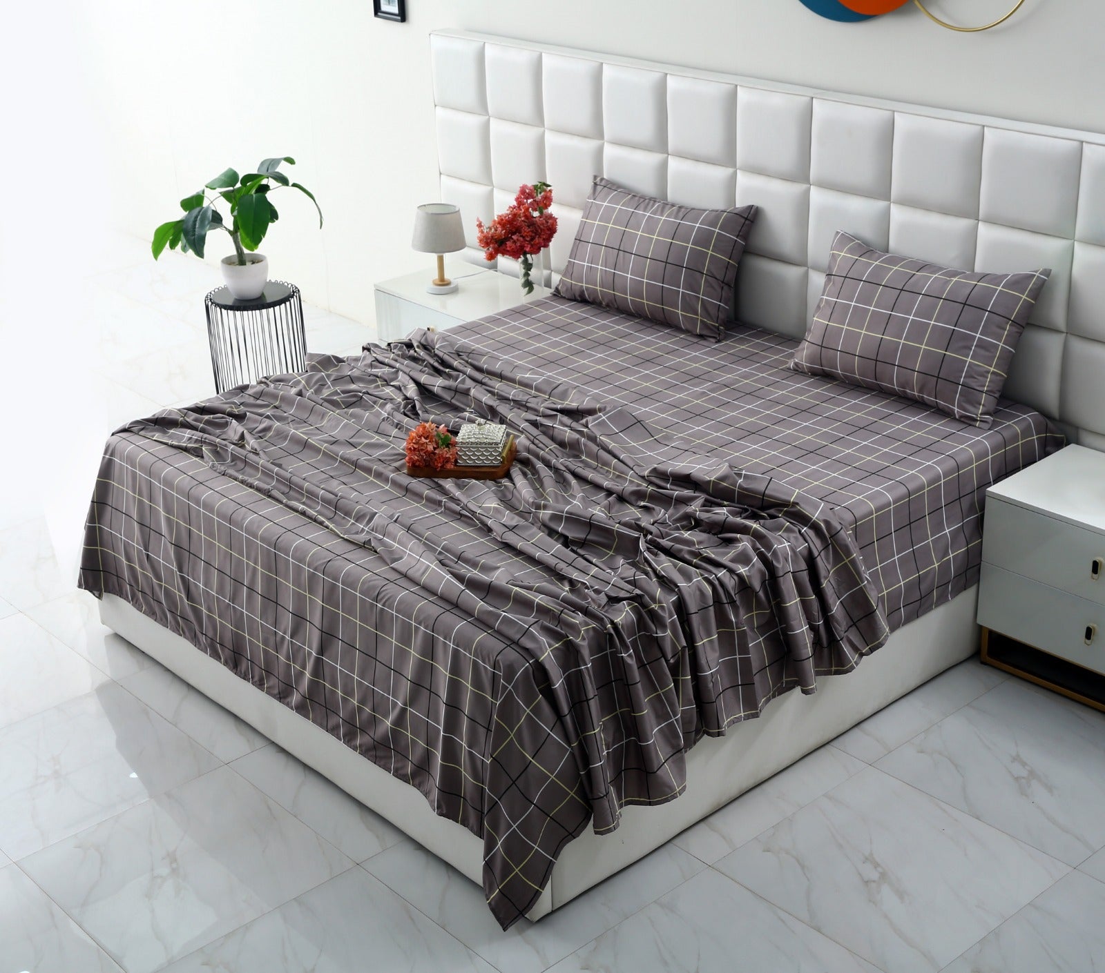 3 PCs Double Bed Sheet-Multi Check Bed Sheets Apricot