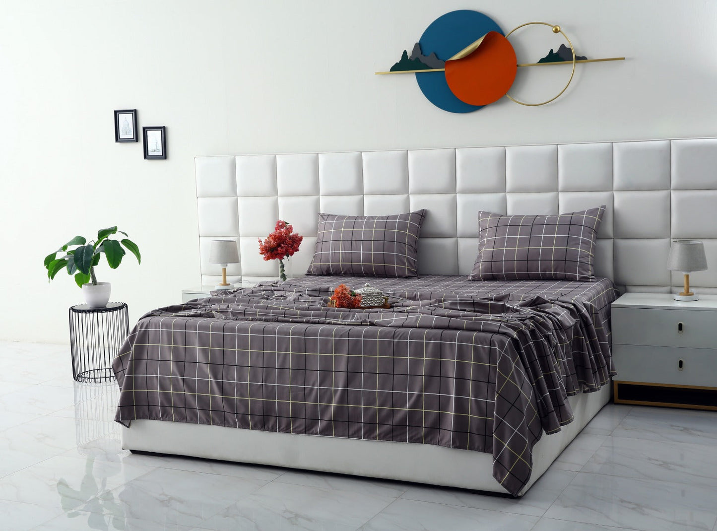 3 PCs Double Bed Sheet-Multi Check Bed Sheets Apricot