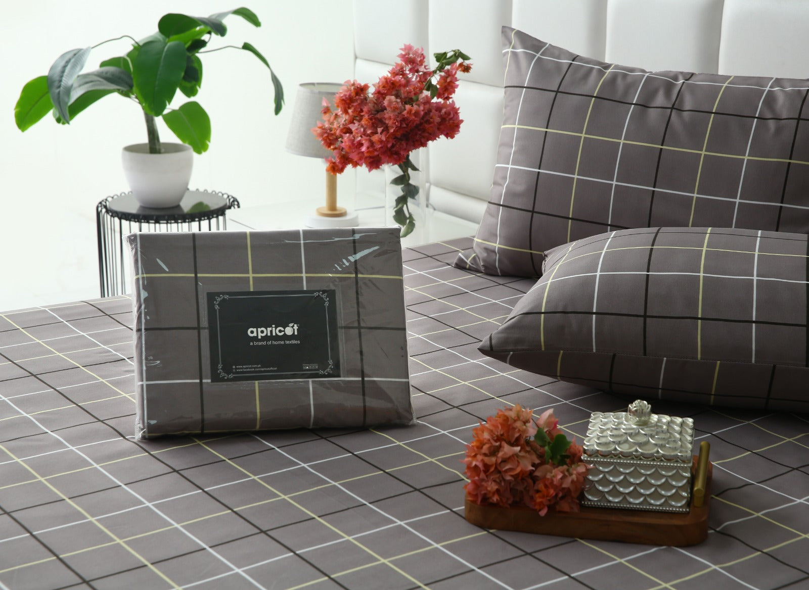 3 PCs Double Bed Sheet-Multi Check Bed Sheets Apricot